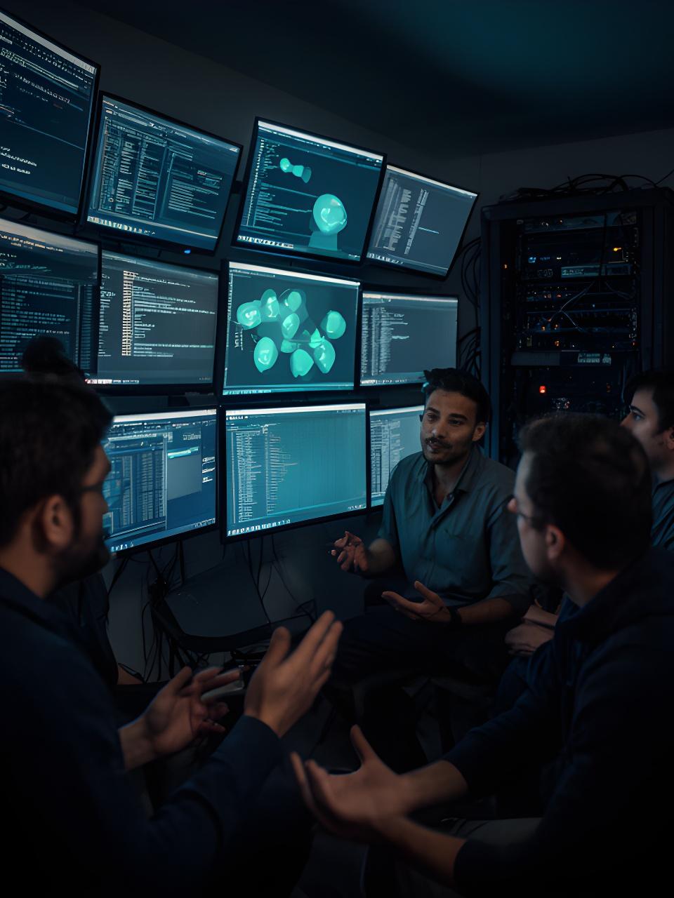 Database team gathered around a wall of monitors in a dark office discussing system performance and backup checks