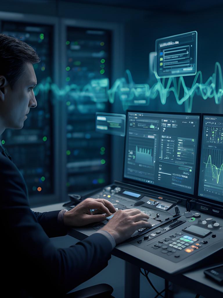 Database engineer reviewing monitoring dashboards in a dim modern operations room