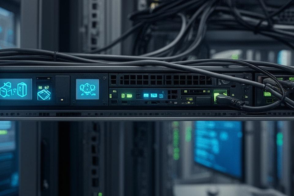 Server rack with backup status screens and recovery verification workflow in a data center