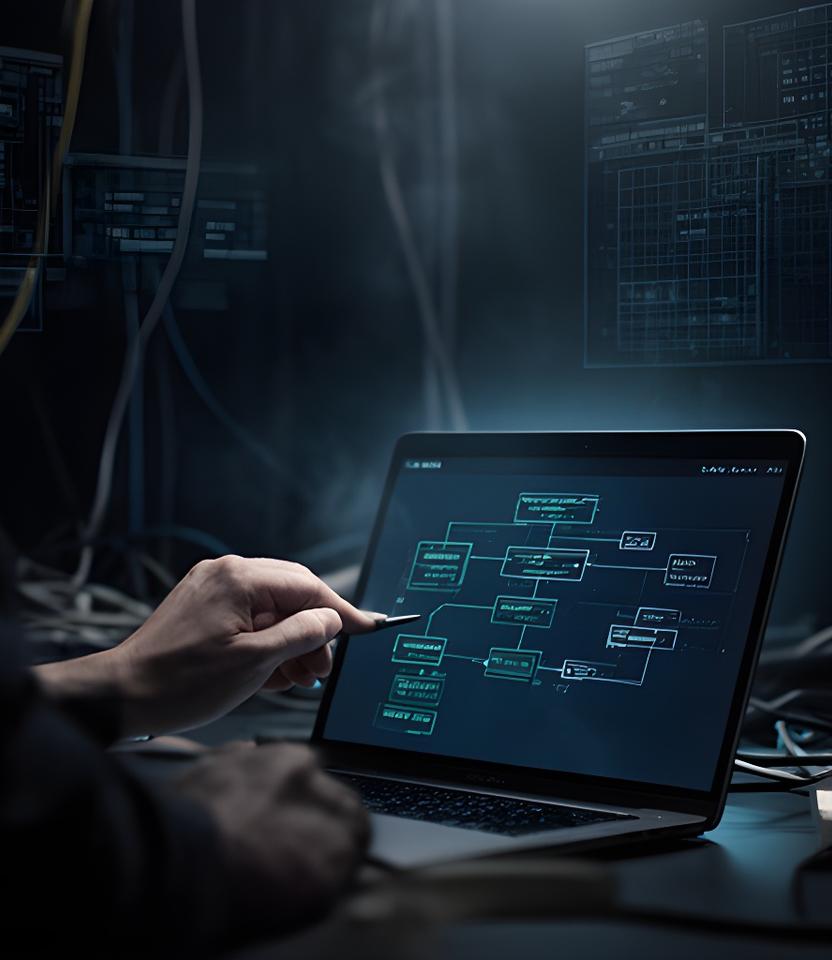 Database architect reviewing a normalized schema blueprint on a laptop in a dim technical workspace