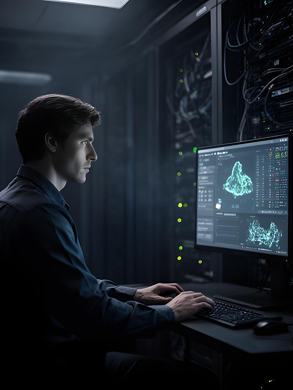 Database operations specialist reviewing a live monitoring screen in a dark server room
