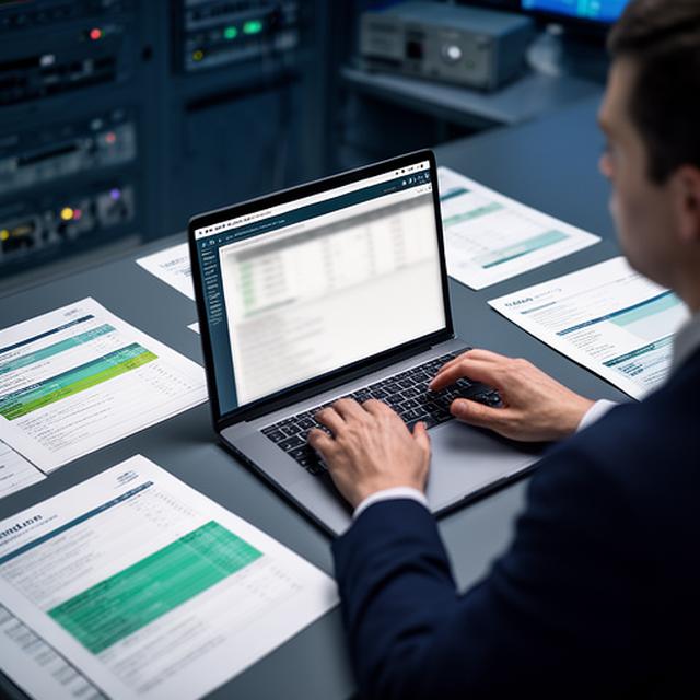 Data analyst comparing duplicate customer records on a laptop beside printed reports in a control room