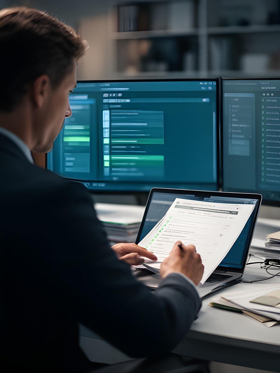 Database specialist reviewing a legacy spreadsheet migration plan in a modern office with multiple monitors