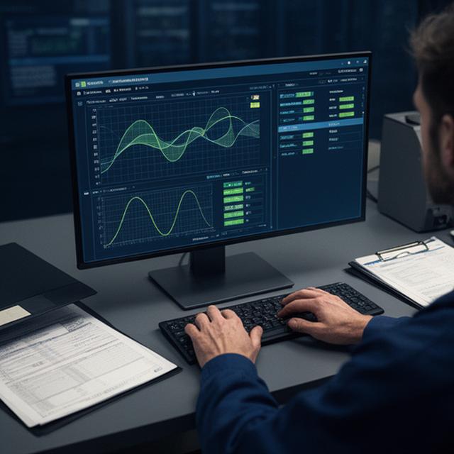 Technician validating database records on a desktop screen with checksum results and log files