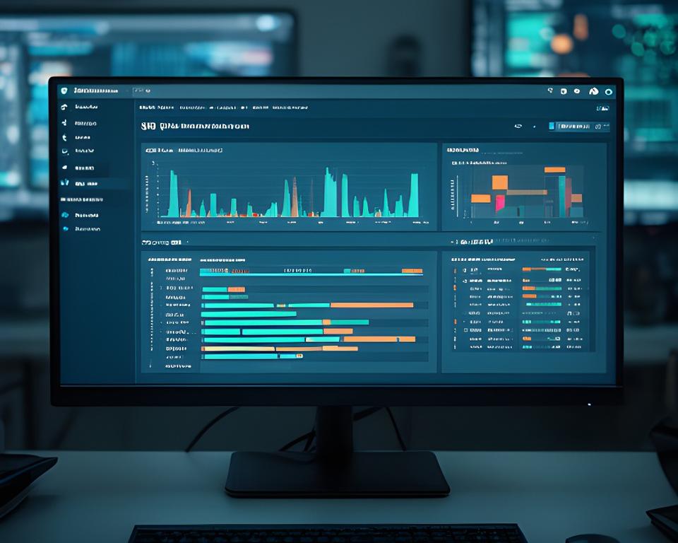 Monitoring dashboard with CPU charts, slow query alerts, and replication indicators on a workstation