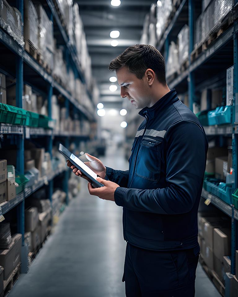 Warehouse operator checking stock levels on a tablet beside packed shelves in a fulfillment center