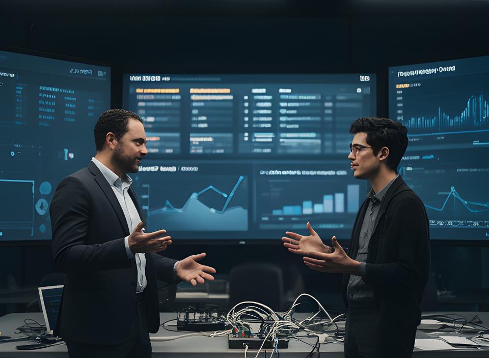 Retail director reviewing order dashboards with a data specialist in a modern operations room