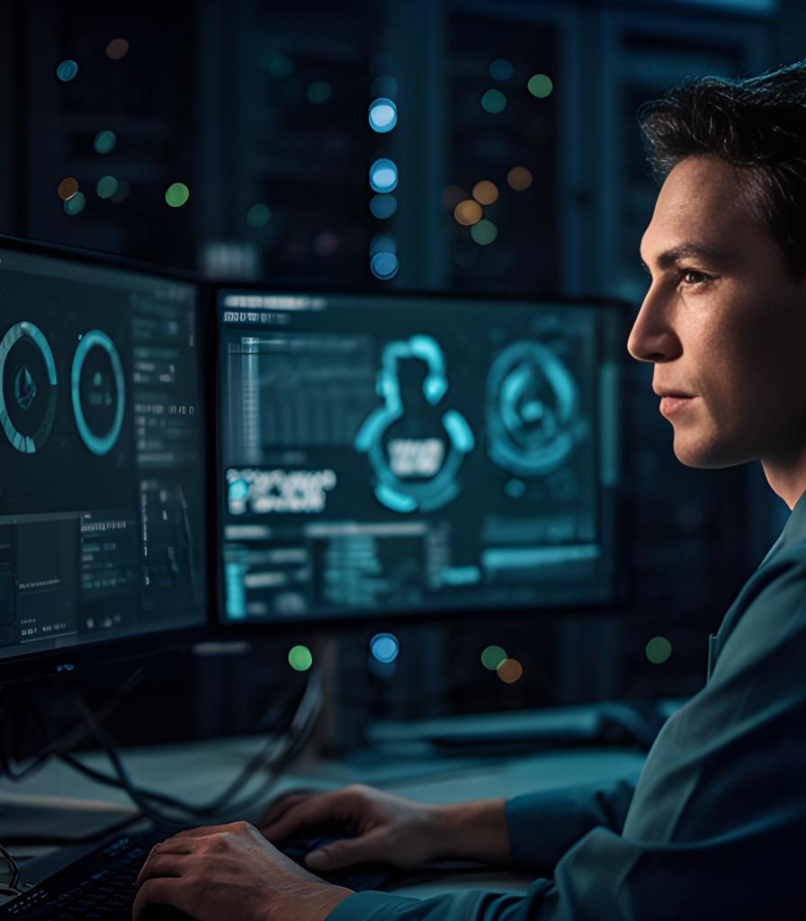 Healthcare IT specialist reviewing secure patient data dashboards in a modern operations room