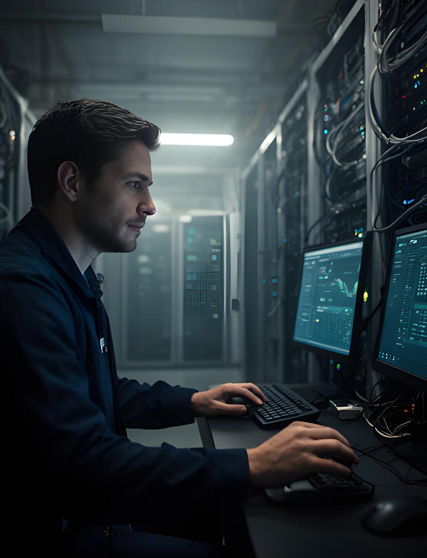 Database engineer reviewing server monitoring dashboards in a dim operations room