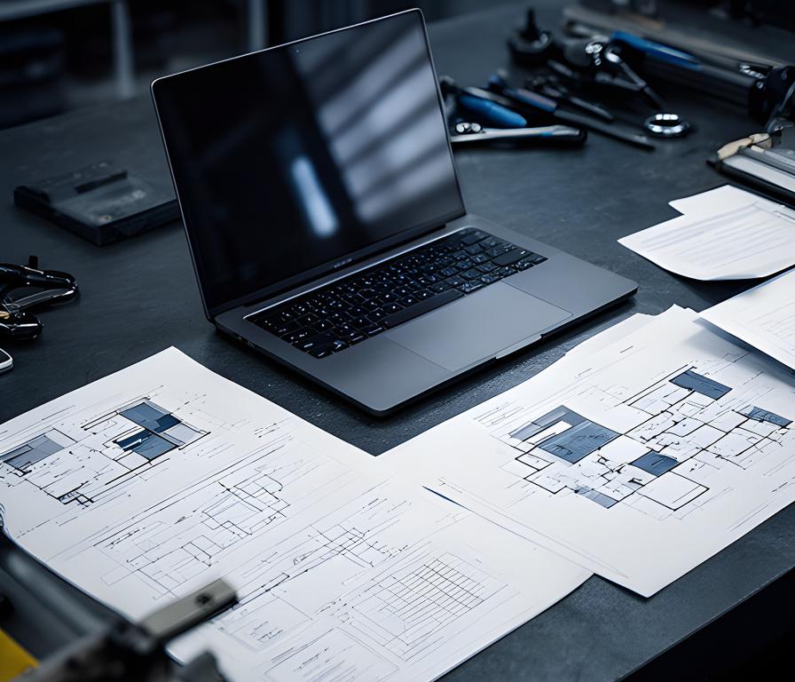 Database planning notes, laptop, and printed diagrams on a dark industrial workbench