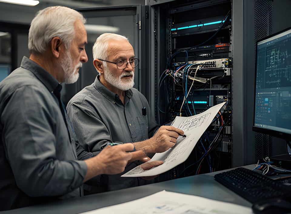 Two database specialists reviewing architecture notes beside a server rack in a workshop