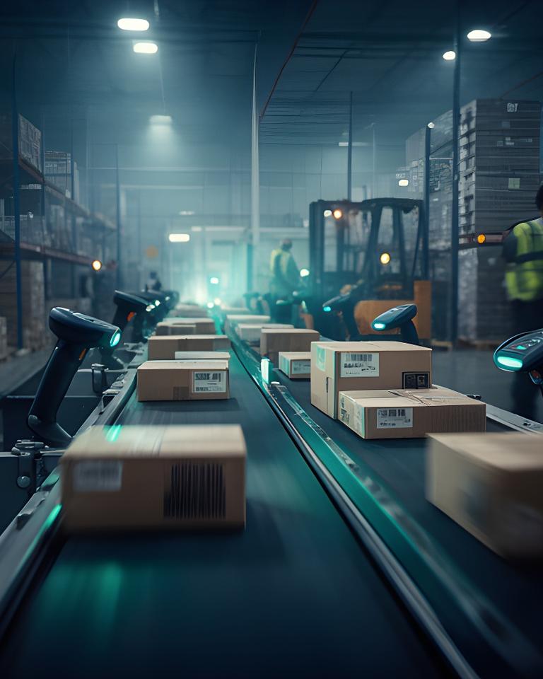 Warehouse conveyor belt with barcode scanners and packed shipments under industrial lighting