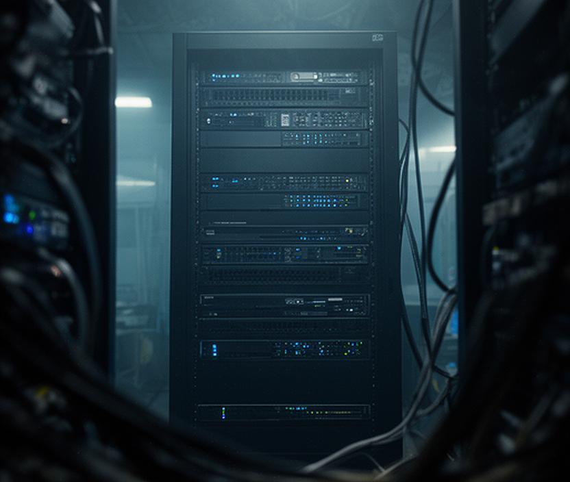 Database server rack illuminated in a dark operations room with secure status lights