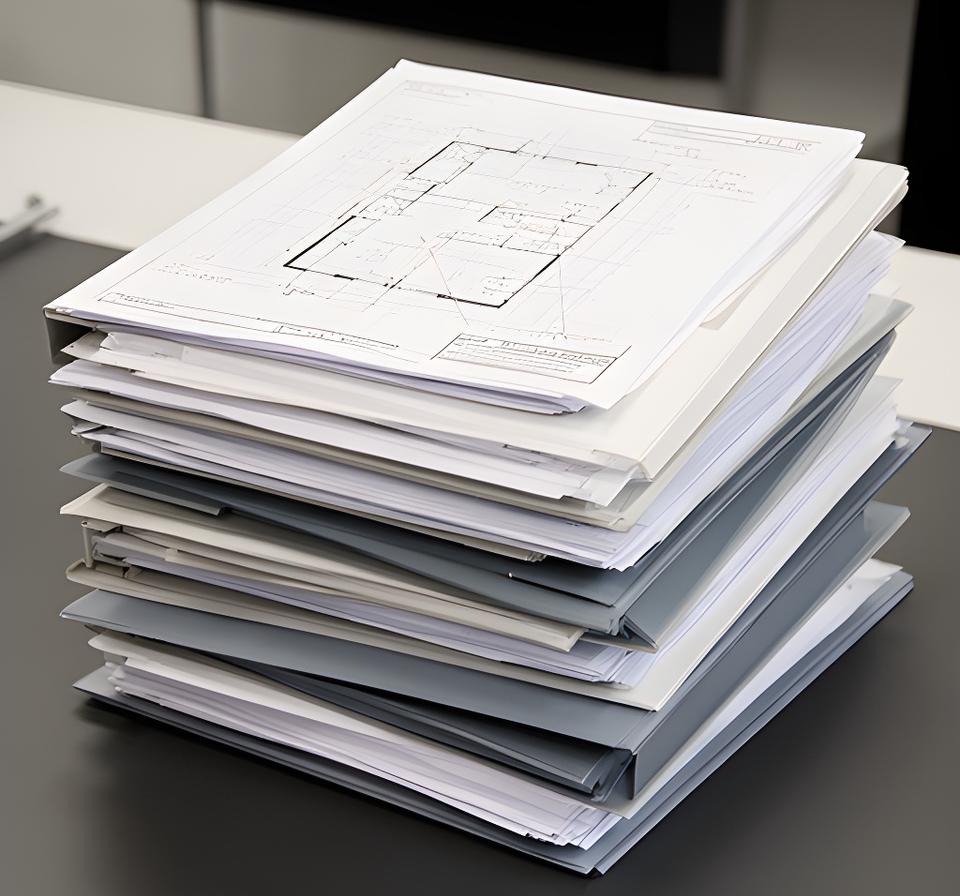 Stacked folders, permit plans, and marked-up construction documents on a desk