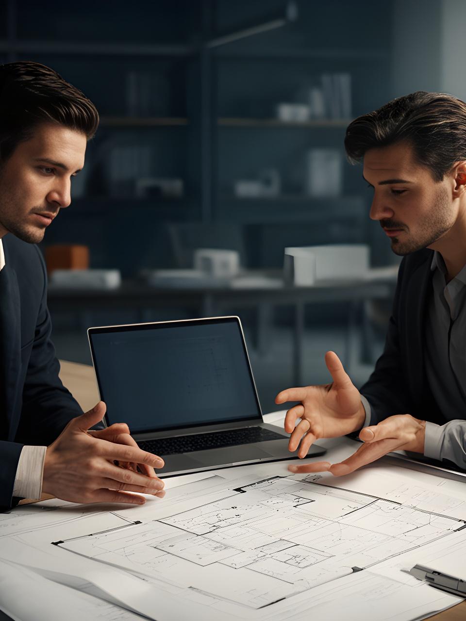 Architect and project manager reviewing a property plan beside a laptop in a modern office