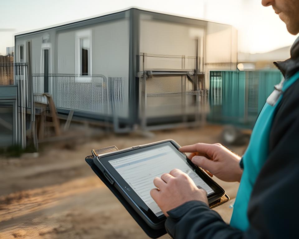 Field technician entering project notes on a tablet beside a construction site trailer