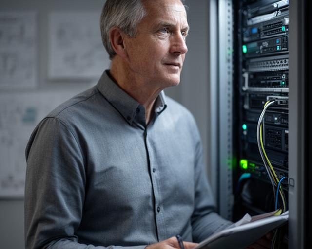 Alex Millstone reviewing PostgreSQL architecture notes beside a server rack