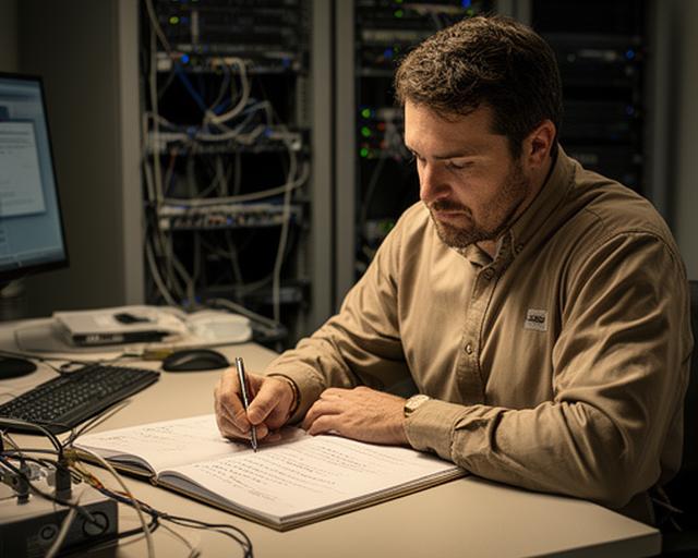 Daniel Rowe documenting disaster recovery steps in a quiet operations office