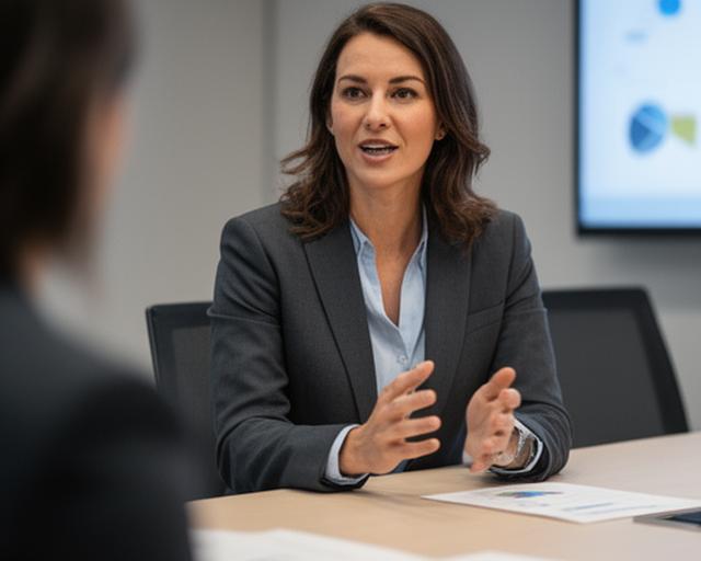Elena Voss speaking with a client during a database planning session at a conference table