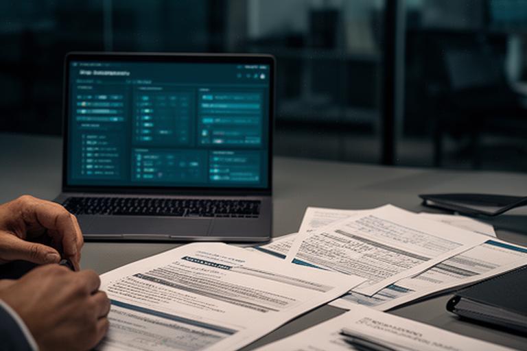 Professional reviewing database service documents at a desk with a laptop and printed notes in a modern office